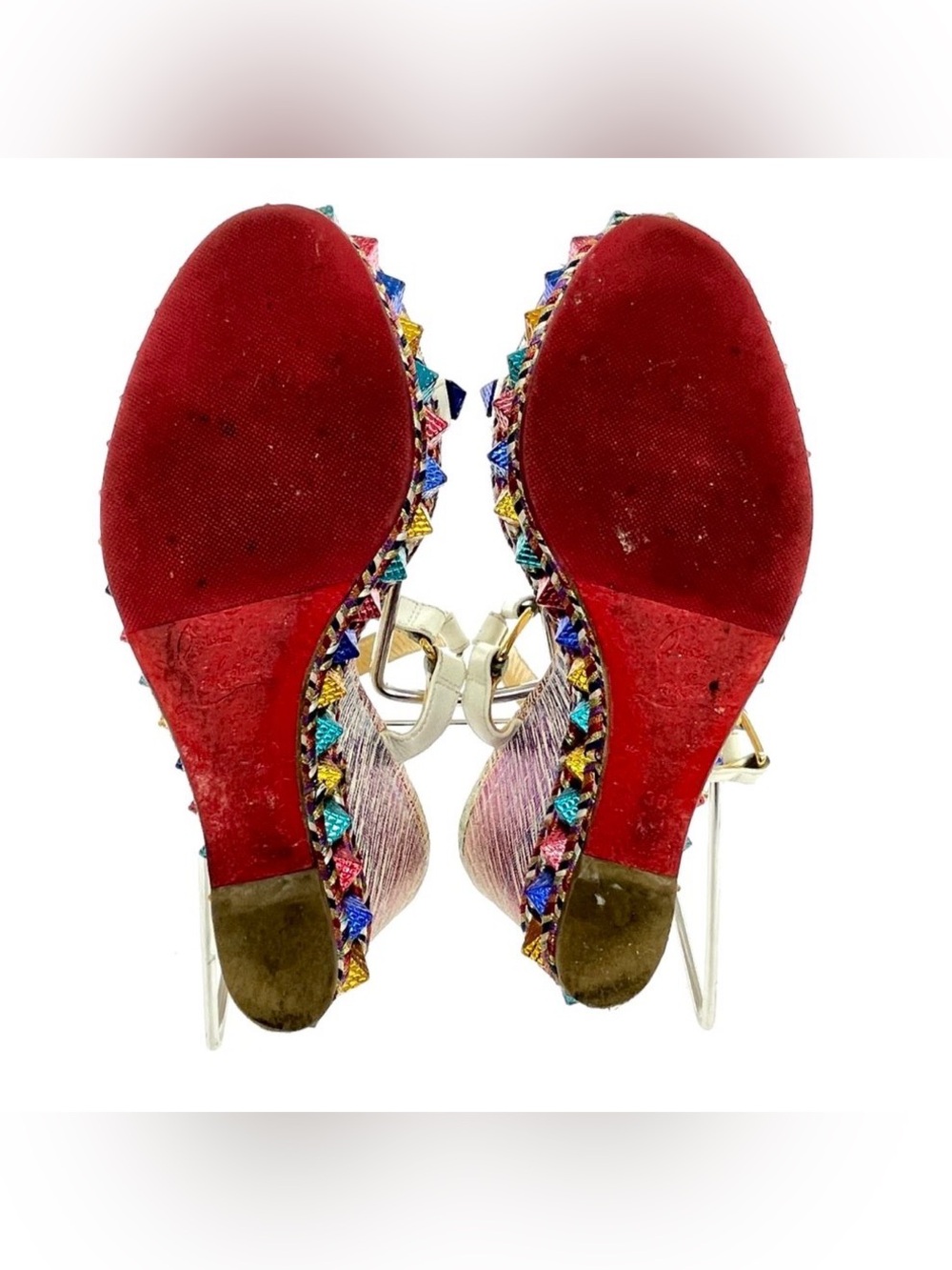 CHRISTIAN LOUBOUTIN Pyraclou Colorful Spike Bead Wedge Red Bottom Heels Sandals - Picture 6 of 9
